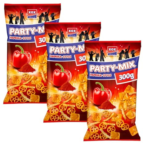XOX Party Mix 300g | Weizen Maissnack mit Paprika Geschmack | Vegane Knusprige Chips 300g (Party Mix, 3er Pack)