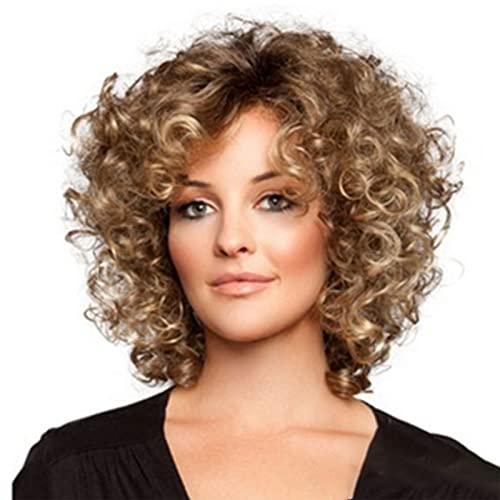 Perrücke Frauen, 32cm Lockiges Kurzhaarperücke Damen, Blonde Perücke Lang, Human Hair Wig, Kurz Perücke Damen, Hohe Temperatur Seide Perrücke für Frauen und Mädchen