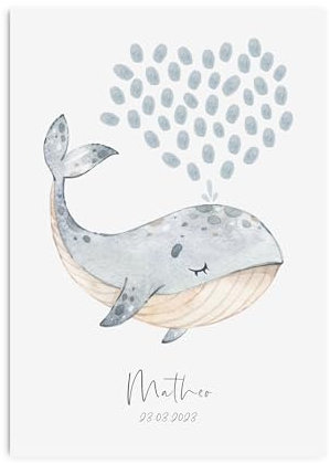 Nastami Gästeposter TAUFE personalisiert mit Namen als Geschenk zur Taufe FINGERABDRUCK (DIN A4, Wal)