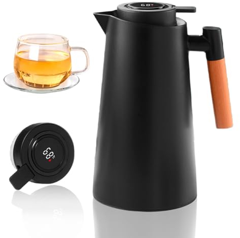 Thermos Flask 1 Litre: Insulated Jug with Temperature Display, Teapot Thermal Mug 12 Hours, Large Opening, Push Button Coffee Pot with Hygienic Tempered Glass Insert for Coffee, Hot Drinks