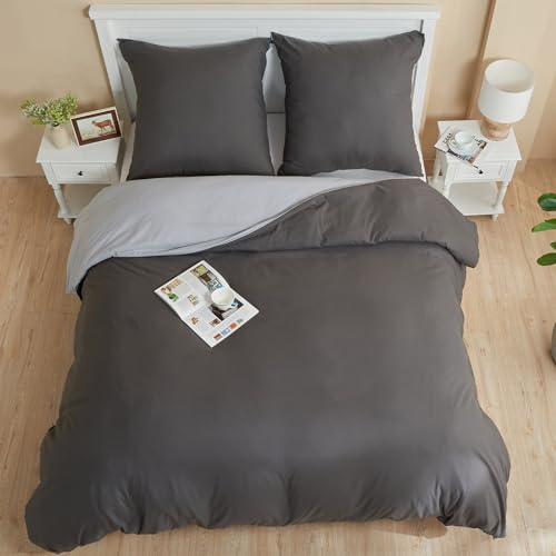 ohano Bettwäsche 220x240 3 Teilig Bettbezug Bettwäsche-Sets,Mikrofaser Bettbezug 220x240 cm + 1 Kissenbezug 80x80 cm mit Reißverschlus,kuschelig weich,Ganzjahres Bettwäsche-Sets-Anthrazit und Hellgrau