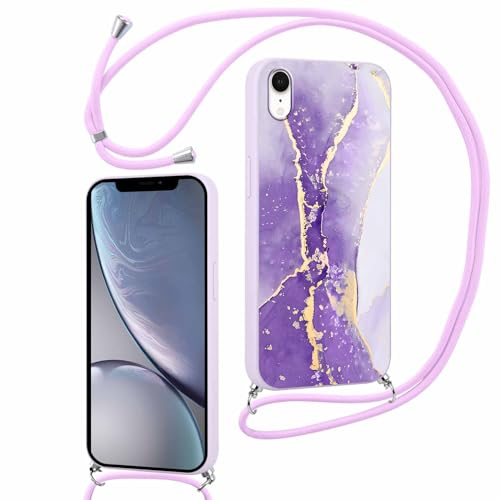 ZhuoFan Handykette für iPhone XR Hülle mit Band, Aesthetic Lila Marmor Muster Verstellbarer Halskette Handyhülle mit Kordel zum umhängen Silikon Stoßfest Schutzhülle mit Kette, 13