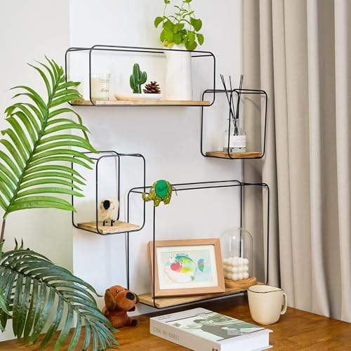 Hawthyhome Wandregal Set 4-Teiliges Regalböden Hängeregal Wandregale Metall und mit Holzbrettern für Deko Wohnzimmer, Schlafzimmer, Arbeitszimmer, und Küche, Industrial Style Wanddekor Regale