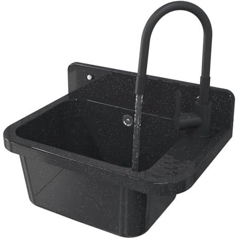 Granitan Lavabo universel, pour garage, cave, atelier et buanderie, avec siphon, montage mural, 50 x 34 x 31 cm, noir + robinet de lavabo FLEX