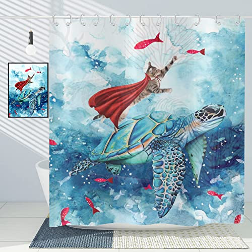 ASDCXZ Duschvorhang Katze 180x200 cm, Lustig Katze Schildkröte Greifen Fisch Aquarell Blau Ozean Waschbar Bad Duschvorhänge Polyester Textil Wasserdicht Duschvorhang für Badewanne mit 12 Haken
