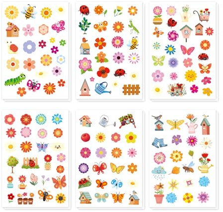 12 Sheets Spring Flowers Stickers, 6 Styles Cute Flower Stickers for Kids Garden Stickers Animal Nature Stickers Spring Party Decorations for Water Bottle Laptop Crafts Envelopes