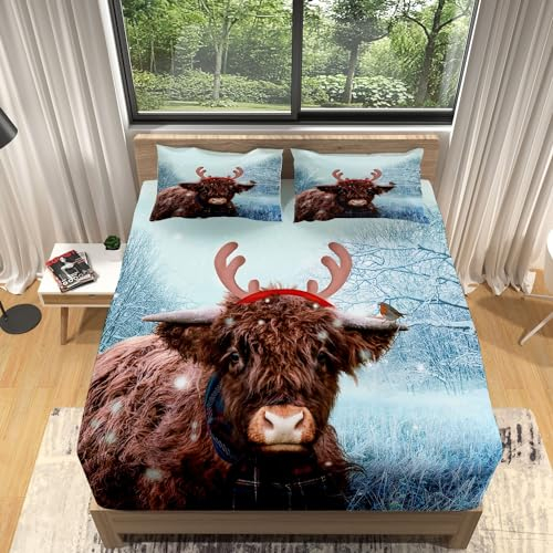 Spannbettlaken 180x200cm Tier-Yak-Schneeszene Drucken Spannbetttuch Boxspringbett Weiche Mikrofaser Bettlaken mit Gummizug, bis 30 cm Topperhöhe, mit 2 Kissenbezügen 80x80 cm