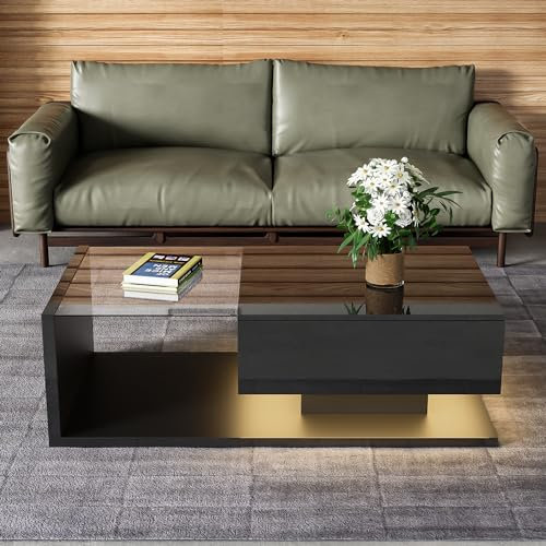 KecDuey Mesa de centro de 105 x 55 x 32,5 cm, mesa auxiliar, mesa de café en color blanco brillante y combinación de colores de madera, mesas de centro con cristal y efecto LED para salón (negro, 105