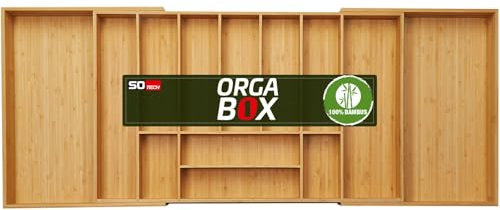 ORGA-BOX UNIVERSAL Range-couverts en bambou réglable pour largeur d'armoire 900-1200 mm jusqu'à 13 compartiments pour profondeur de tiroir 473 mm