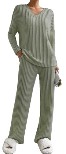 JENJON Donna Completo Tuta 2 Pezzi Completo a Maniche Lunghe Maglia Comode Pantaloni Dritti con Scollo a V Tuta Autunno Inverno