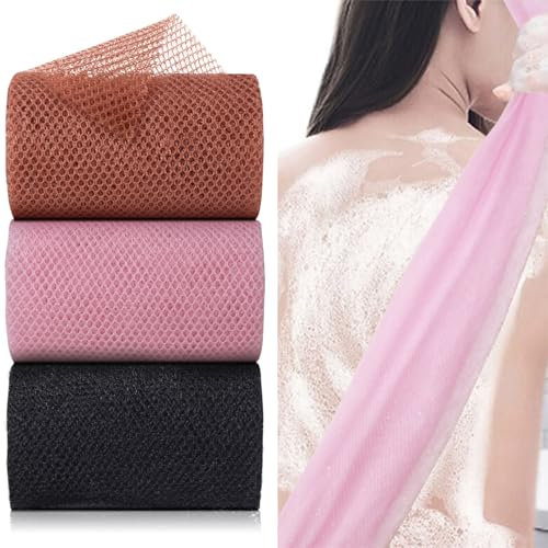 3Pcs African Exfoliating Net Sponges, Long Bath Sponge Body Exfoliating Wash Scrub Shower Net Exfoliating Cloth Back Scrubber for Men Women