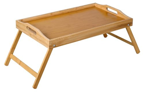 T-LOVENDO.ES Mesa para Cama de Bambú con Asas, Bandeja con Borde Alto. Plegable, Mesita de Desayuno, Resistente al Agua, para Ordenador Portátil, Trabajar, Leer, Cama, Sofá