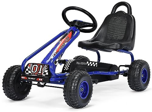 COSTWAY Gokart mit verstellbarem Sitz, Go Cart mit Handbremse, Tretauto bis 30 kg belastbar, Pedal Gokart, Tretfahrzeug, Pedalfahrzeug, Kinderfahrzeug für Kinder ab 3 Jahren (Blau)