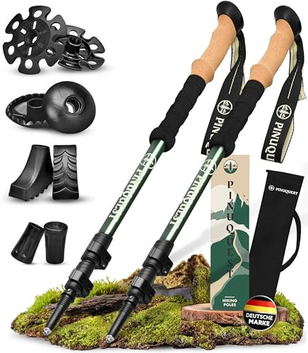 Pinuquest Wanderstöcke Teleskop Aluminium (260g) - Für 95-200 cm Körpergröße, Trekkingstöcke mit ergonomischem Kork Griff & 4 Aufsätzen für jedes Gelände, Nordic Walking Stöcke Damen/Herren, grün