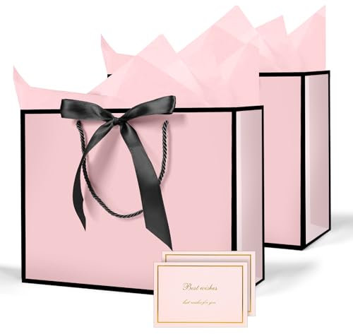 AMFUN Lot de 2 Pochettes Cadeaux avec Anse, Sacs Cadeaux en Papier Avec Ruban d'Arc, Pochettes en Papier avec Anse, Emballage Cadeau pour Noël, les Anniversaires, Mariages, Fête(Rose Bord Noir)