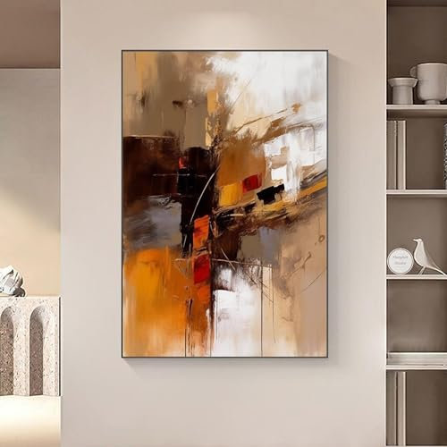Peintures murales abstraites marron, impressions d'art mural à texture blanche, grandes images murales modernes sur toile orange pour salon 80x110cm (31x43in) cadre noir