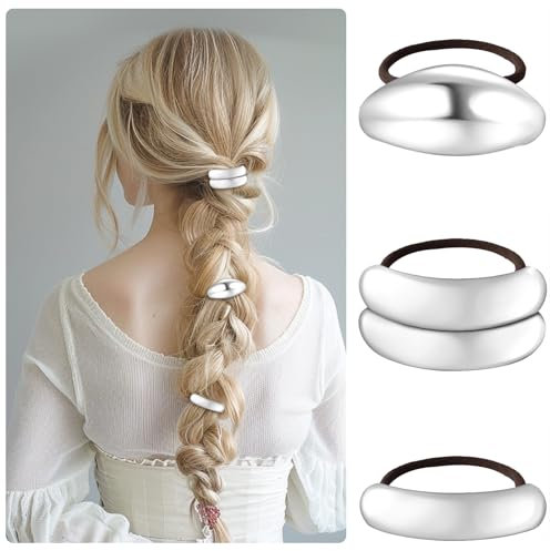 Silver Hair Cuffs 3PCS Silver Ponytail Cuff Hair Tie for Women Metal Hair Cuff Wrap for Thick Hair Cute Geometric Hair Accessories