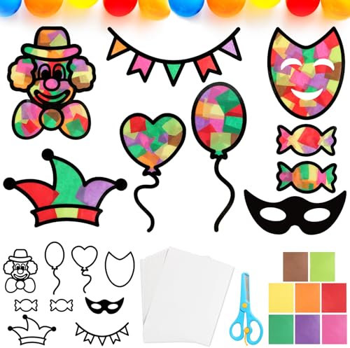 BOOMTOP 24 Stück Fensterbilder Basteln Karneval Kinder Clown Bastelset Ballon Bunte Fensteraufkleber Zirkus zum Basteln Fasching Geburtstag Fenster Dekoration Kindergeburtstag mit Buntglas-Effekt