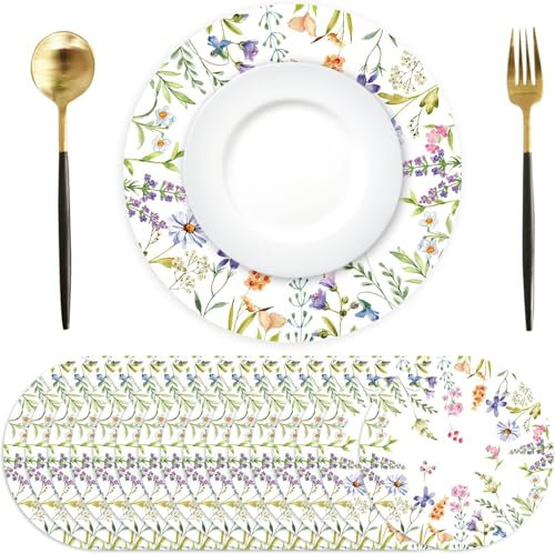 50 Stück Blumen Pflanzen Papier Platzsets rund Papier Tischsets Frühling Blumen Einweg Platzsets rund 34 cm, Tisch Dekor für Küche, Esstisch, Urlaub, Party