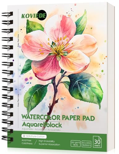 KOVIEDE 100% Baumwolle Aquarellpapier Block - 30 Blätter 5.5 x 8.5 Spiral gebunden, 300g/㎡ A5 Cold Press Aquarell Skizzenbuch, Künstler Qualität Art Journal Supplies für Erwachsene, Grün