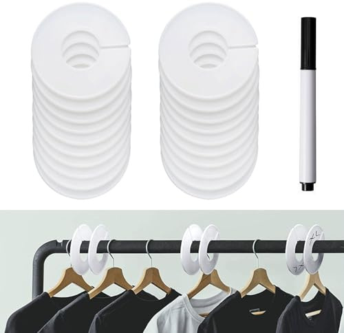 JDCMEI 20 Stück Kleiderbügel Grössentrenner, Runde Kleiderbügel Teiler, 9cm Größenreiter Kleiderständer, Kleiderständer Grössentrenner mit 1 Markierstift für Kleiderschrank Bekleidungsgeschäft
