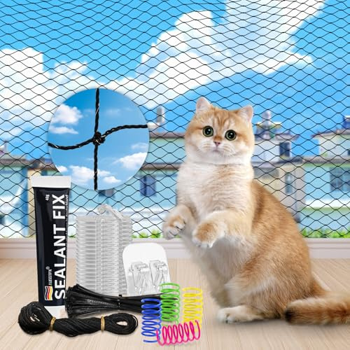 Katzennetz für Balkon ohne Bohren inkl, Katzenschutznetz Wetterfest mit Klebehaken und Silikonkleber, Katzennetz Drahtverstärkt, Einfach mit dem Katzennetz Balkon, Fenster & Terrasse sichern (3x6m)