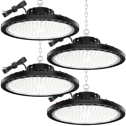 TOPAUBUB 200W LED Hallenstrahler 4 Stück, 20000LM Hallenbeleuchtung LED mit 30 cm Metallkette, Treiber, 6500K IP65 UFO Lampe Industriebeleuchtung für Lagerhalle, Fabriken