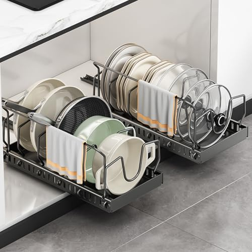 IVTUVTI 2er-Pack Töpfe und Pfannen Organizer mit Leitplanke, ausziehbare Töpfe und Pfannen Organizer unter dem Schrank, Pfannenorganisatoren Aufbewahrung mit 8 verstellbaren Trennwänden (Schwarz)