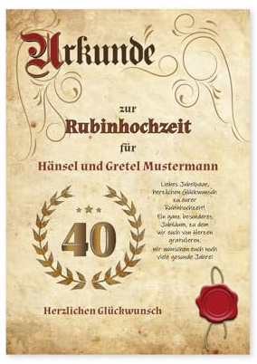 TypeStoff Personalisierbare Urkunde in Elefantenhaut-Optik zur Rubinhochzeit, Namen personalisierbar, Geschenk zum Ehrentag – PU-01533