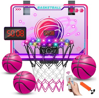 VATOS Pinker Basketballkorb für Kiemen mit elektronischer Anzeigetafel, 7 Farblichter, Fernbedienung für Mädchen und Kinder 5–12, rosa Indoor-Basketball-Set