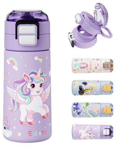 Exllena 400ml Stainless Steel Water Bottle Kids with Pop-Open Soft Straw & Spout 2-in-1 Lid, Kids Metal Water Bottle Leak Proof for Cold&Hot Drinks, BPA-Free, Ideal for Boys Toddler Girls