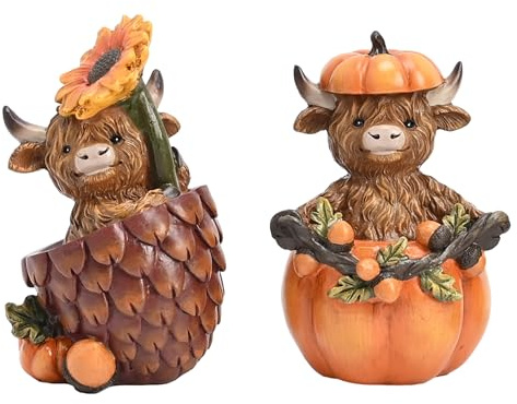 Valery Madelyn 2er Herbstdeko Kürbis Hochland Yak Figuren mit Tannenzapfen | Sonnenblume deko,Braun Orange Gartenfiguren für Herbst deko Draußen Gartendeko,für Innen Tisch Party,11cm,Fall Geschenk
