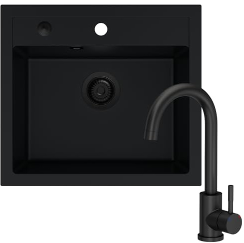 SINK QUALITY Spülbecken Schwarz mit Armatur 56x51cm - Granitspüle Set mit Küchenarmatur, Siphon Schwarz und Imprägnierung - Spüle für Unterschränke ab 60 cm Breite - Waschbecken für Küche