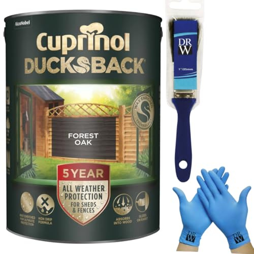 DRW Cuprinol Ducksback Forest Oak Fence Paint 5L | 5‑Year Weatherproof Shed & + Free 4 Inch Fence Paint Brush & Nitrile Gloves – Wax‑Enriched, Non‑Drip, Quick‑Drying & Low‑Odour