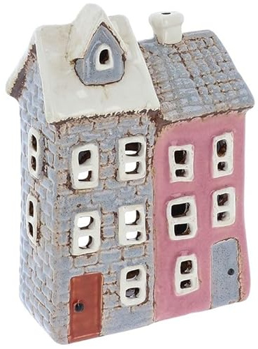 Lichthaus | Teelichthaus | Lichterhaus | Teelichthalter | Kerzenhalter | Keramik (Grau/Rosa 17x12x6 cm)