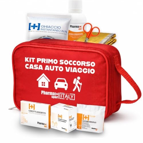 PHARMA+SPORT Kit Pronto Soccorso Auto, Casa e Viaggio – 51 Pezzi | Borsa primo soccorso 24 x 17 x 8 cm, kit emergenza auto, campeggio e trekking con garze, cerotti, ghiaccio e disinfettante.