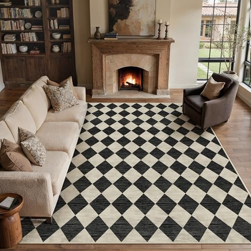 PureCozy Teppich 200x300cm Schwarz Waschbar Moderne Kariert | Moderner Karo Teppiche,Waschbar,Rutschfest,Weich,Kurzflor,für Wohnzimmer,Schlafzimmer,Esszimmer,Büro
