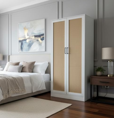 Home Treats Bedroom Furniture Set Rattan White Wooden 2 Door Wardrobet With Shelf Rustic Country Rattan Weave (2 Door Wardrobe)