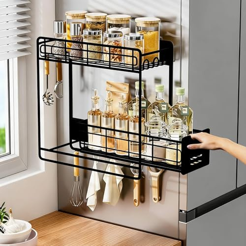 Trysea Magnet Gewürzregal mit Gleitschicht, Schwarz Magnetisches Regal Kühlschrank, Magnet Regal für Kühlschrank mit Haken, Regal Magnetisch Waschmaschine