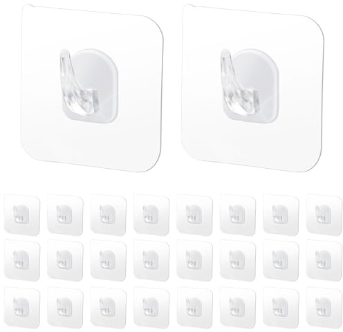 Qcdou Self Adhesive Hooks, 24 Packs Clear Plastic Hooks Self Adhesive, for Ceiling/Kitchen/Bathroom/Office, Hanging Clothes/Towels(B)