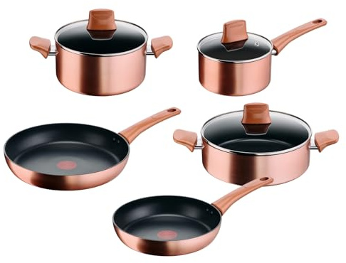 Lagostina Rosé, Set di Pentole e Padelle Antiaderenti, Oro Rosa, 8 Pezzi | Rivestimento Titanium, Indicatore di Calore Thermo-Signal, Manico Rivettato, Compatibile con Induzione
