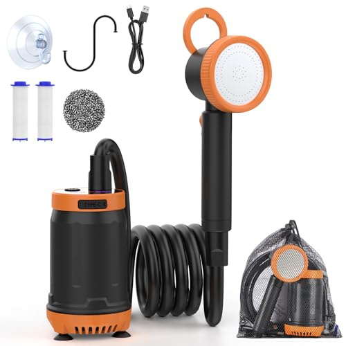 DoXtreme Ducha Portatil Camping con Pantalla de Temperatura y Potencia, 8000mAh Recargable para Exteriores, Modo de 5 Velocidad, Electrica Ducha Camper para Baño Playa Viajes Jardín Furgoneta