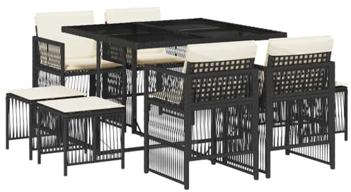 Qnhdfrt 9-TLG. Garten-Essgruppe aus Poly Rattan mit Esstisch, 4 Stühlen und 4 Hockern, Moderne Sitzgruppe für Garten Terrasse Hinterhof, Schwarz, 110 x 106 x 73 cm