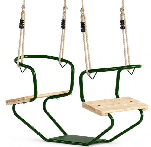 Balançoire double en métal vert pour 2 enfants - Balançoire gondole face à face avec sièges en bois, cordes réglables de 1,1 à 2 m, résistante aux intempéries, charge jusqu'à 70 kg, balançoire double