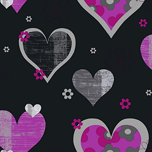 Arthouse 533703 Happy Hearts Wallpaper, Black/Pink