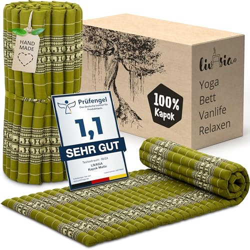 livasia Rollmatte Rollmatratze M schmal Einzelbett - 200x75x4,5cm - Gästebett Gästematratze 1 Person mit Muster, Reisebett Kofferraum outdoor, Thaimatte Kapok Garten handgefertigt (Grün/Elefanten)