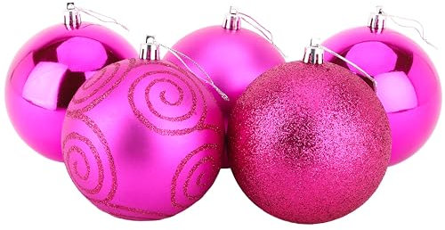 Christmas Concepts® Pack of 5-100mm (4) Large Baubles - Shiny, Matte & Glitter Design - Christmas Decorations (Hot Pink)