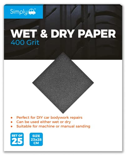 Simply WD0400 Wet & Dry Polishing Paper 400 Grit, Pack of 25, 230mm x 280mm, Perfect for DIY Car Bodywork Repairs, Machine, Manual Sanding, Furniture and Home Improvement