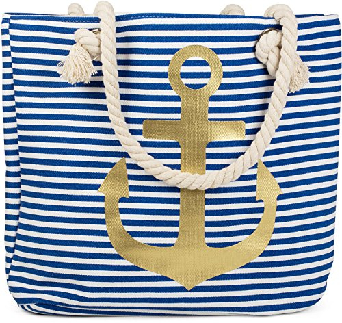 styleBREAKER gestreifte Strandtasche mit Anker Print | maritimer Shopper mit Kordelgriffen | Badetasche groß 46 x 34 x 12 cm, Farbe:Blau-Weiß/Gold