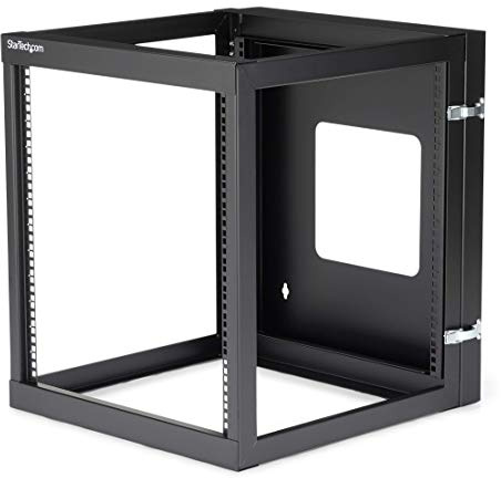 StarTech 12U 4-Post Hinged Wall Mount Open Rack, 19in, 139lb (RK1219WALLOH) | Swing-out hinged frame, SPCC cold-rolled steel, Ships fully assembled, Cage nuts, 50.2cm/19.8in depth